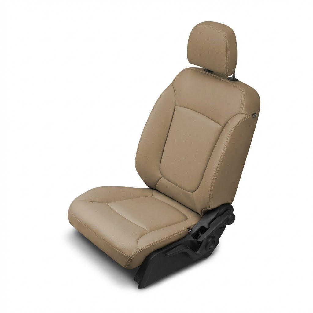 Beige car seat with black seat belt on a white background