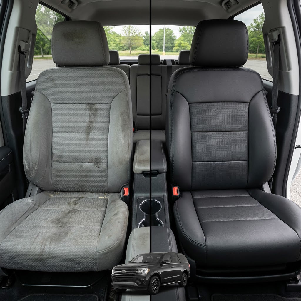 Before-and-after comparison of Buick Verano front seats, showing cloth seat upgraded to perforated leather upholstery.
