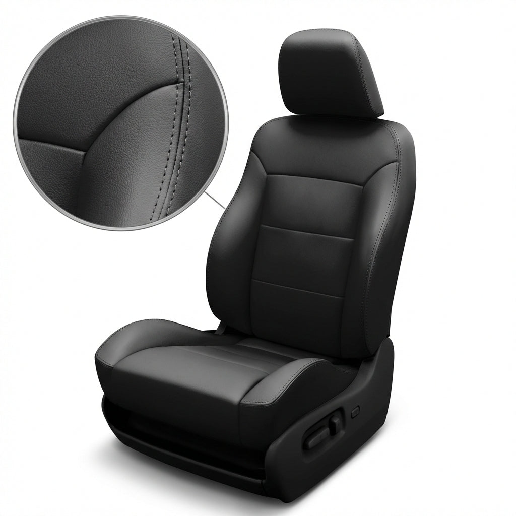 Black car seat cover with detailed stitching on a white background