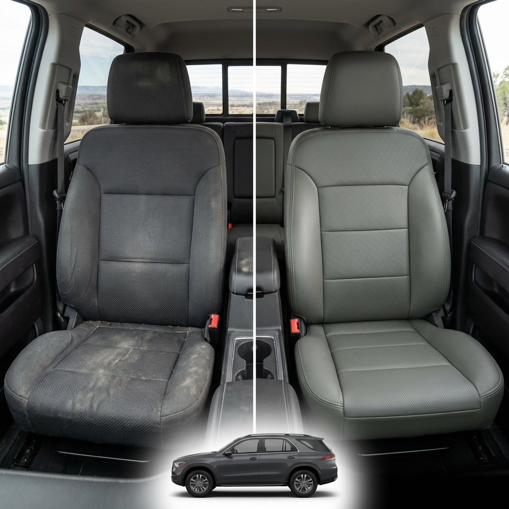 Before-and-after comparison of Buick Verano front seats, showing cloth seat upgraded to perforated leather upholstery.
