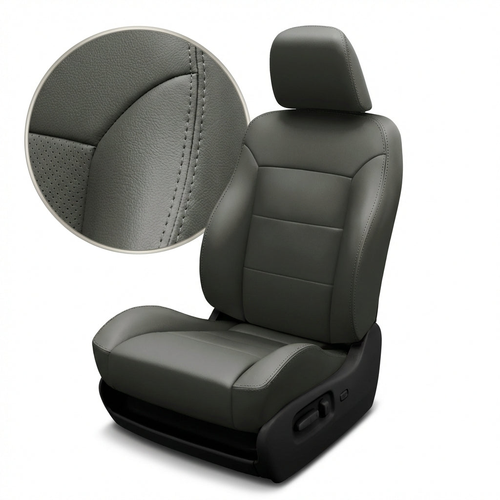 Black car seat cover with detailed stitching on a white background