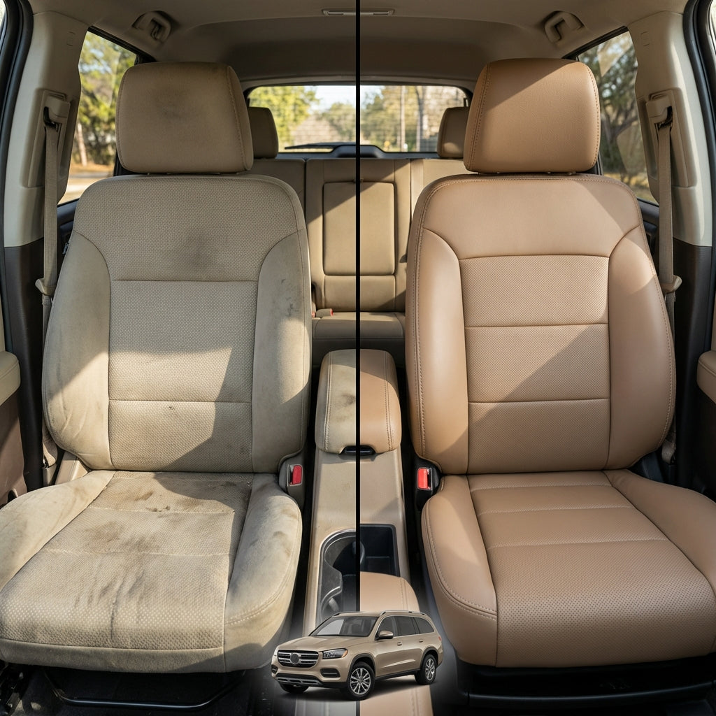 Before-and-after comparison of Buick Verano front seats, showing cloth seat upgraded to perforated leather upholstery.
