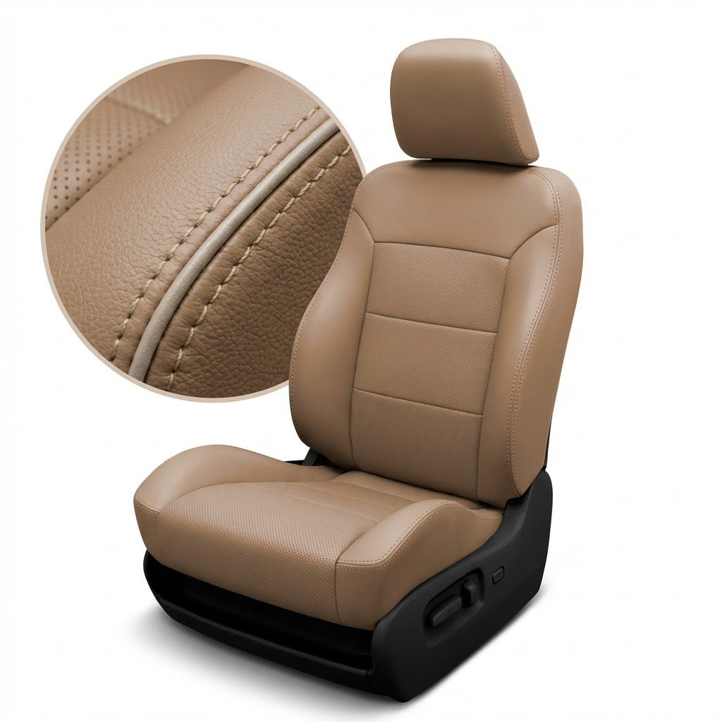 Beige car seat with detailed texture on a white background
