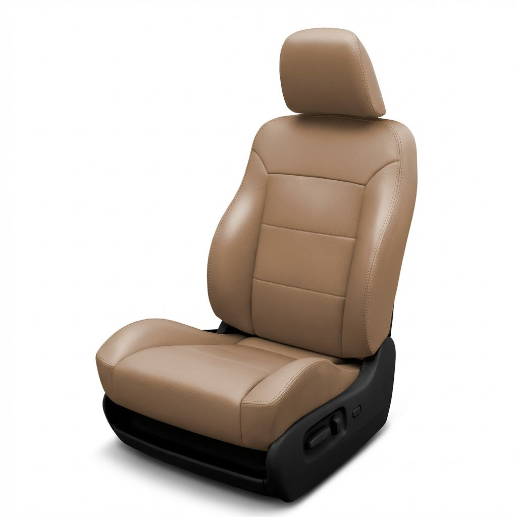 Beige car seat with black base on a white background