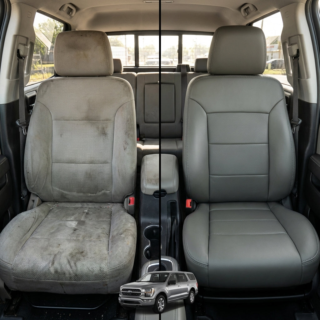 Before-and-after comparison of Chevrolet Cruze front seats, showing cloth seat upgraded to perforated leather upholstery.
