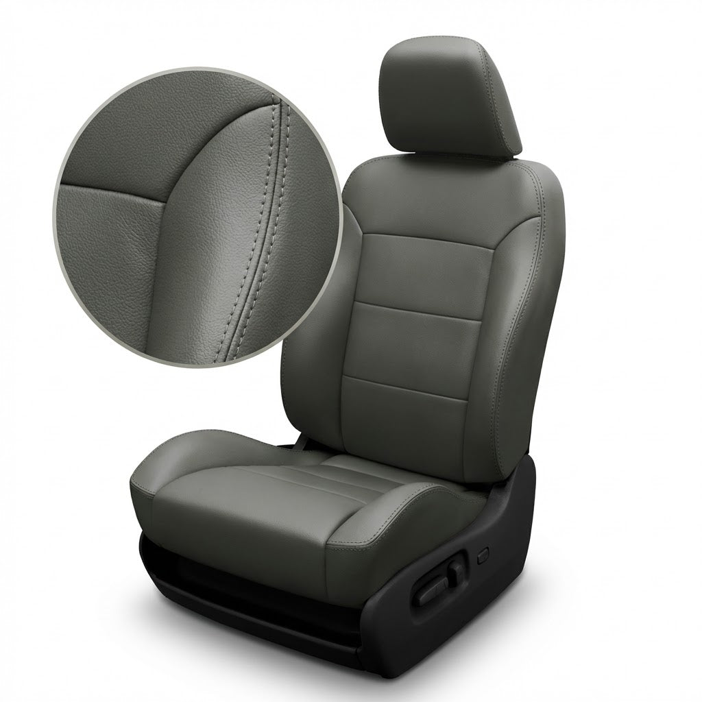 Gray car seat with detailed stitching on a white background