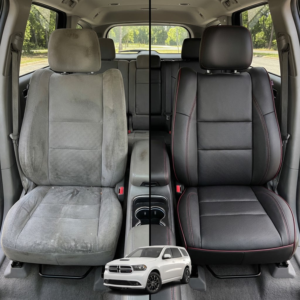 Before-and-after comparison of Dodge Durango front seats, showing cloth seat upgraded to perforated leather upholstery.
