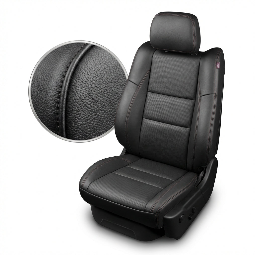 Black car seat with detailed texture on a white background