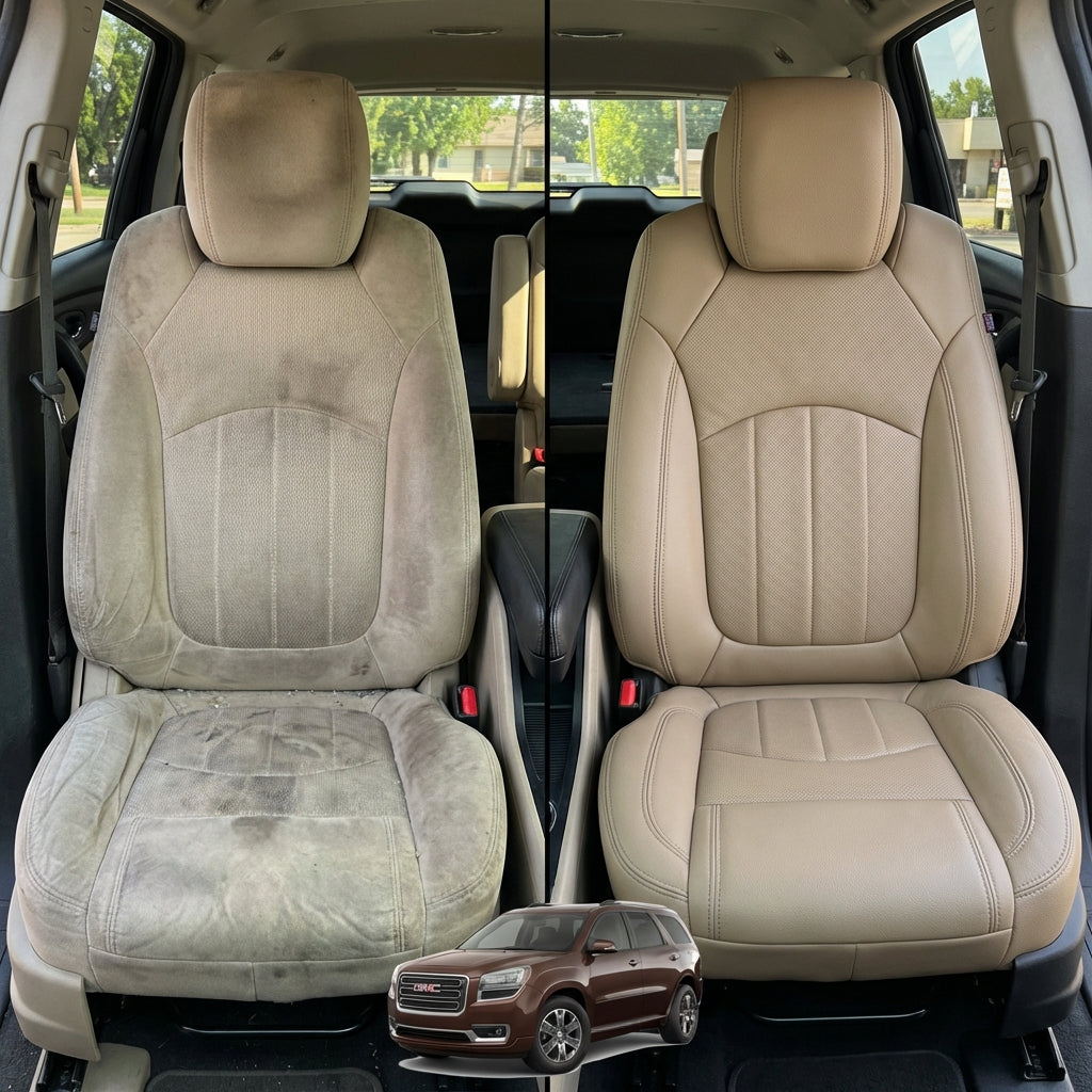Before-and-after comparison of Dodge Durango front seats, showing cloth seat upgraded to perforated leather upholstery.
