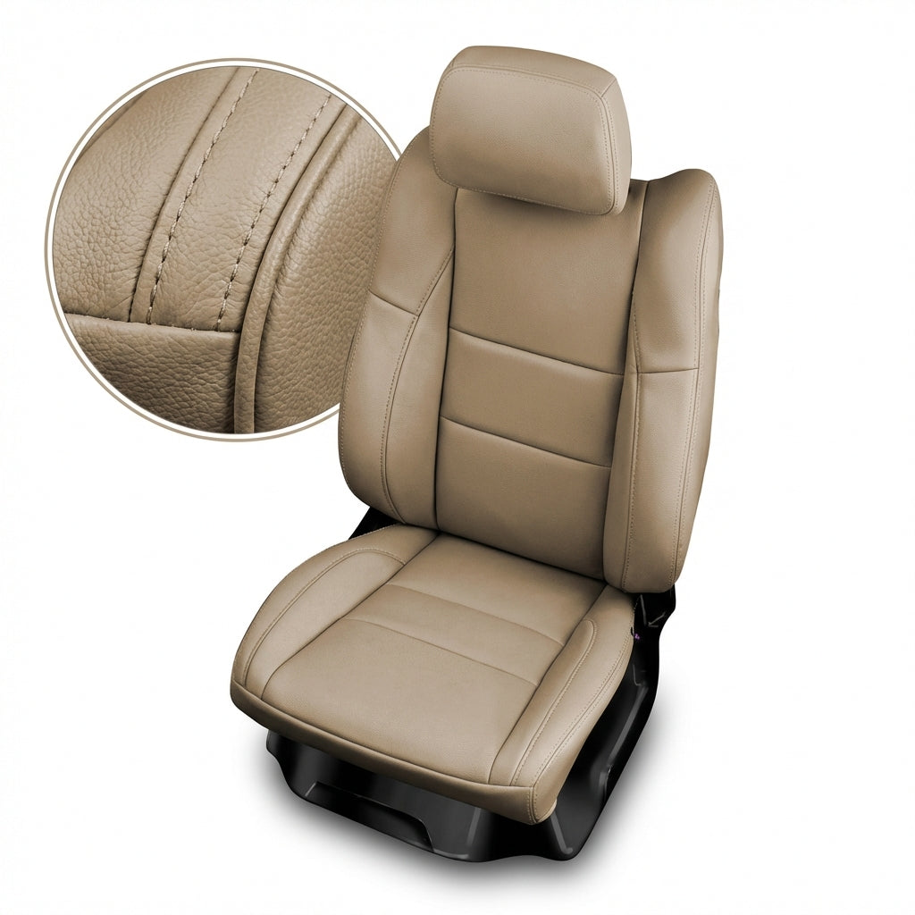 Beige car seat with detailed texture close-up on a white background