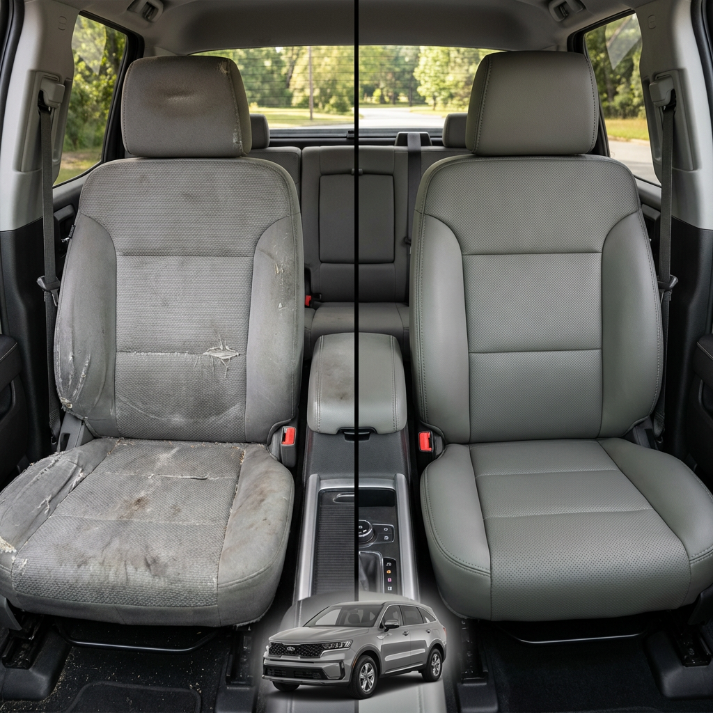 Before-and-after comparison of Dodge Dart front seats, showing cloth seat upgraded to perforated leather upholstery.
