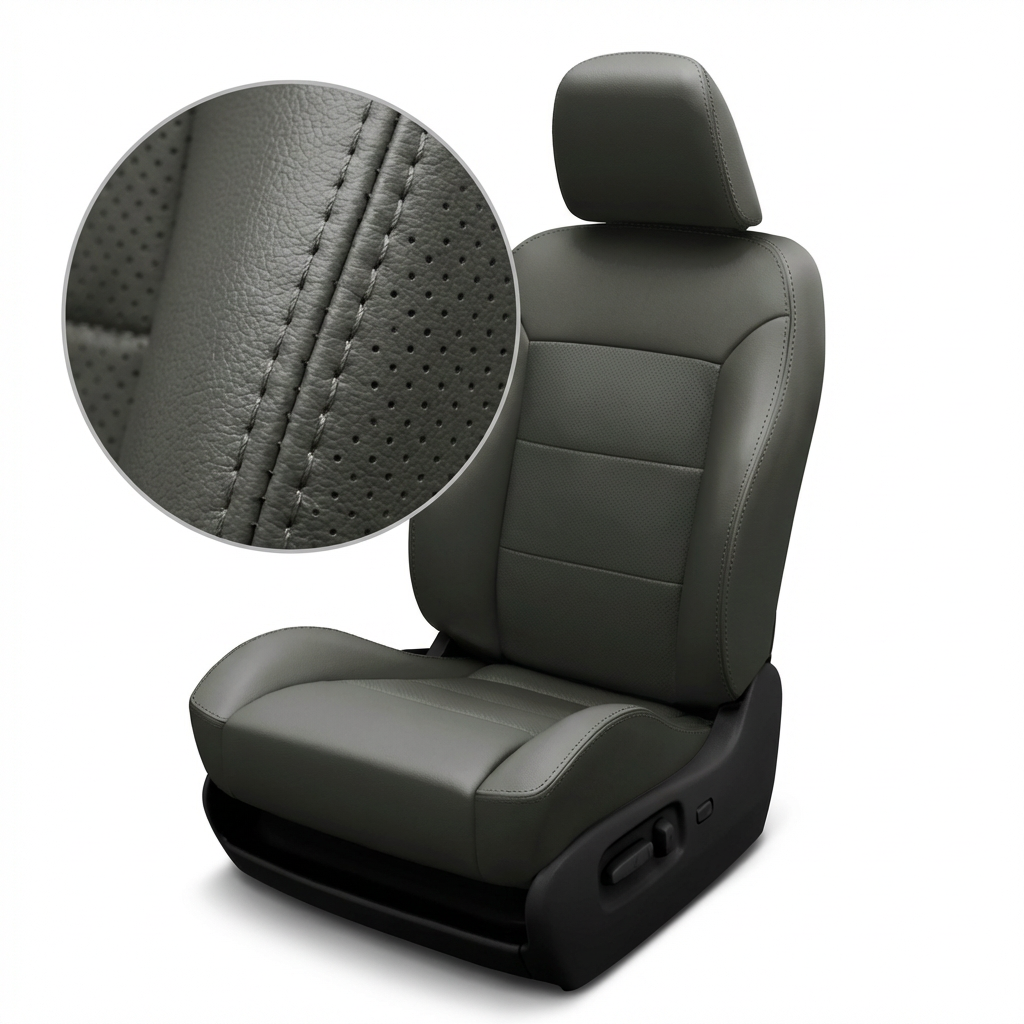 Gray car seat cover with detailed stitching on a white background