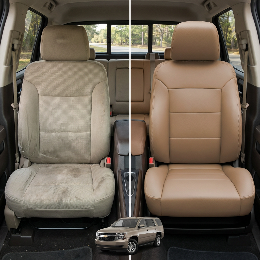 Before-and-after comparison of Dodge Dart front seats, showing cloth seat upgraded to perforated leather upholstery.
