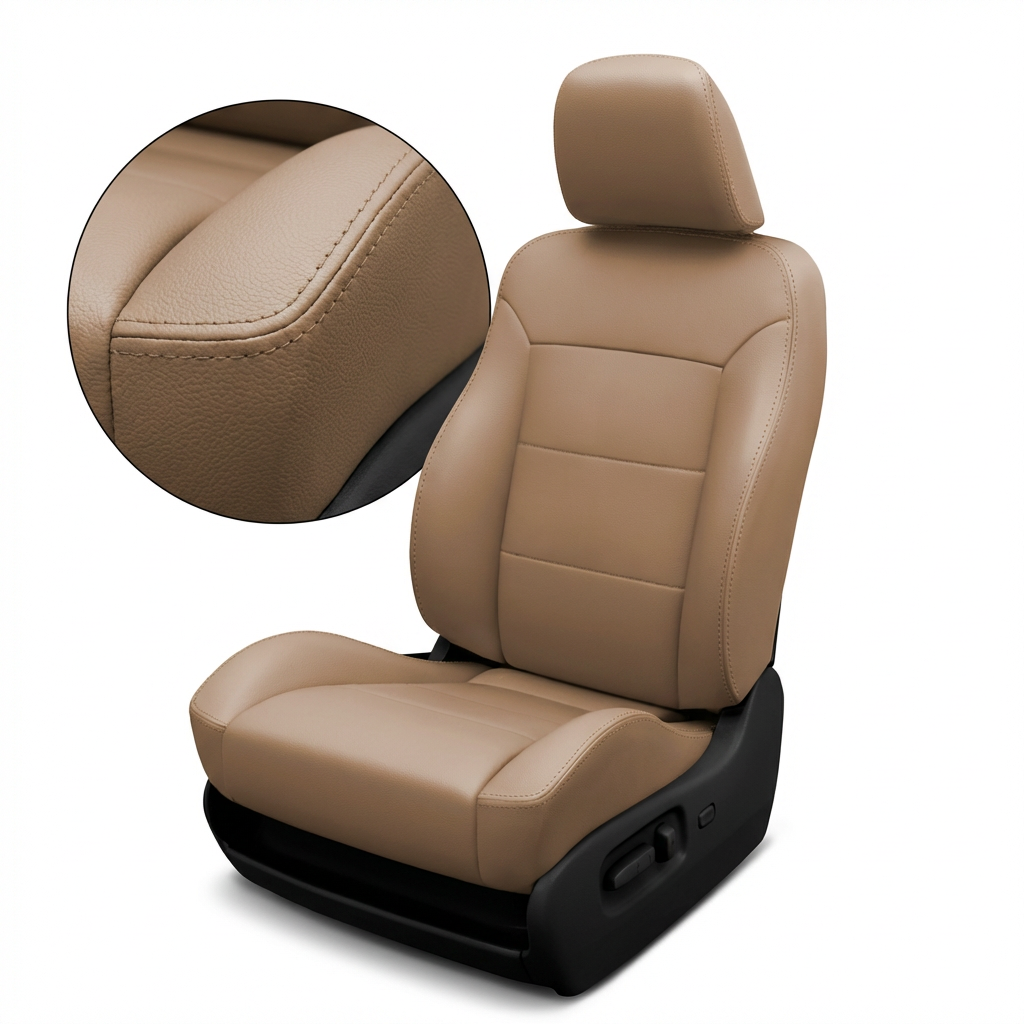 Beige car seat with headrest and armrest on a white background