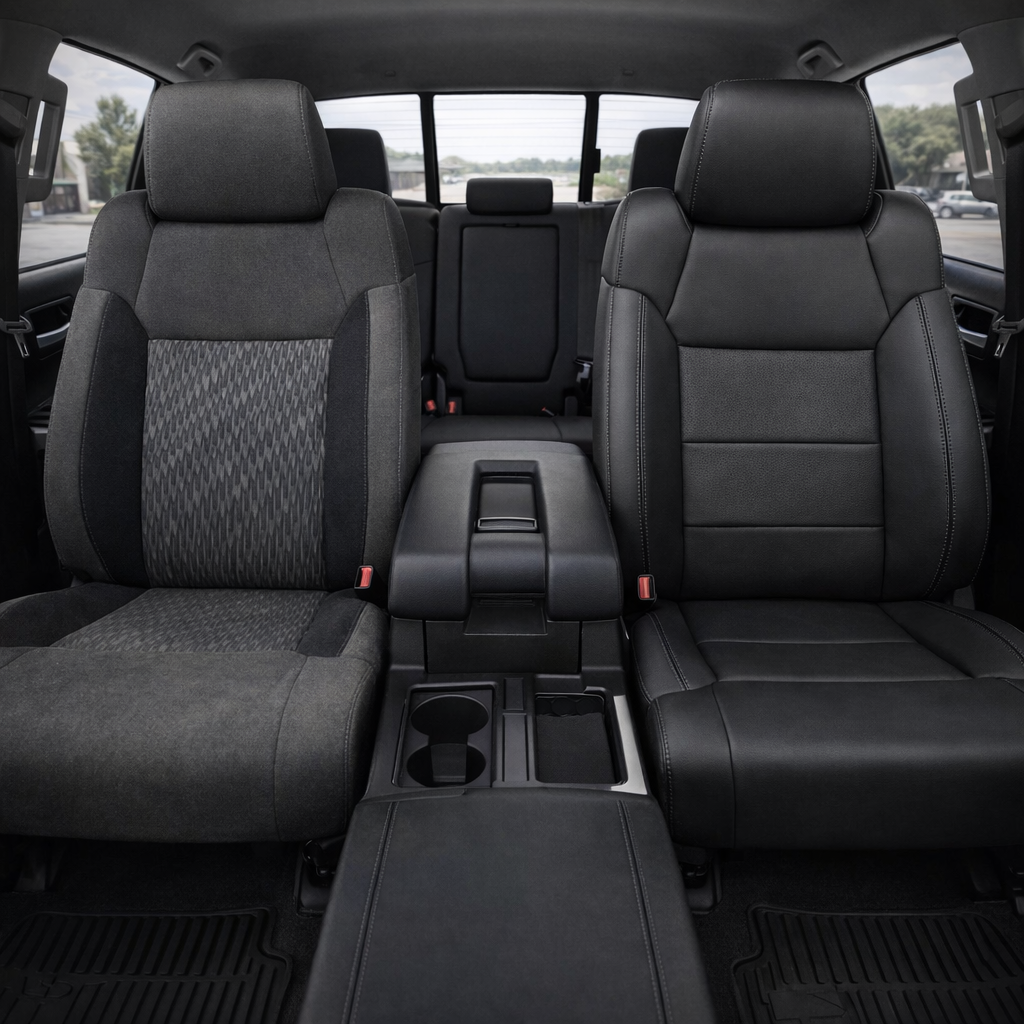 Before-and-after front in-cabin view of a 2014–2021 Toyota Tundra CrewMax split by seats: the left front seat shows the original factory gray cloth upholstery, while the right front seat shows the upgraded Leatherteck leather upholstery kit in black tone-on-tone, featuring black leather facing panels, black outer bolsters, black headrest, subtle black contrast stitching, and paneled seat inserts, with the center console, cupholders, armrest, rear bench seat, rear window, seatbelt buckles, and black floor