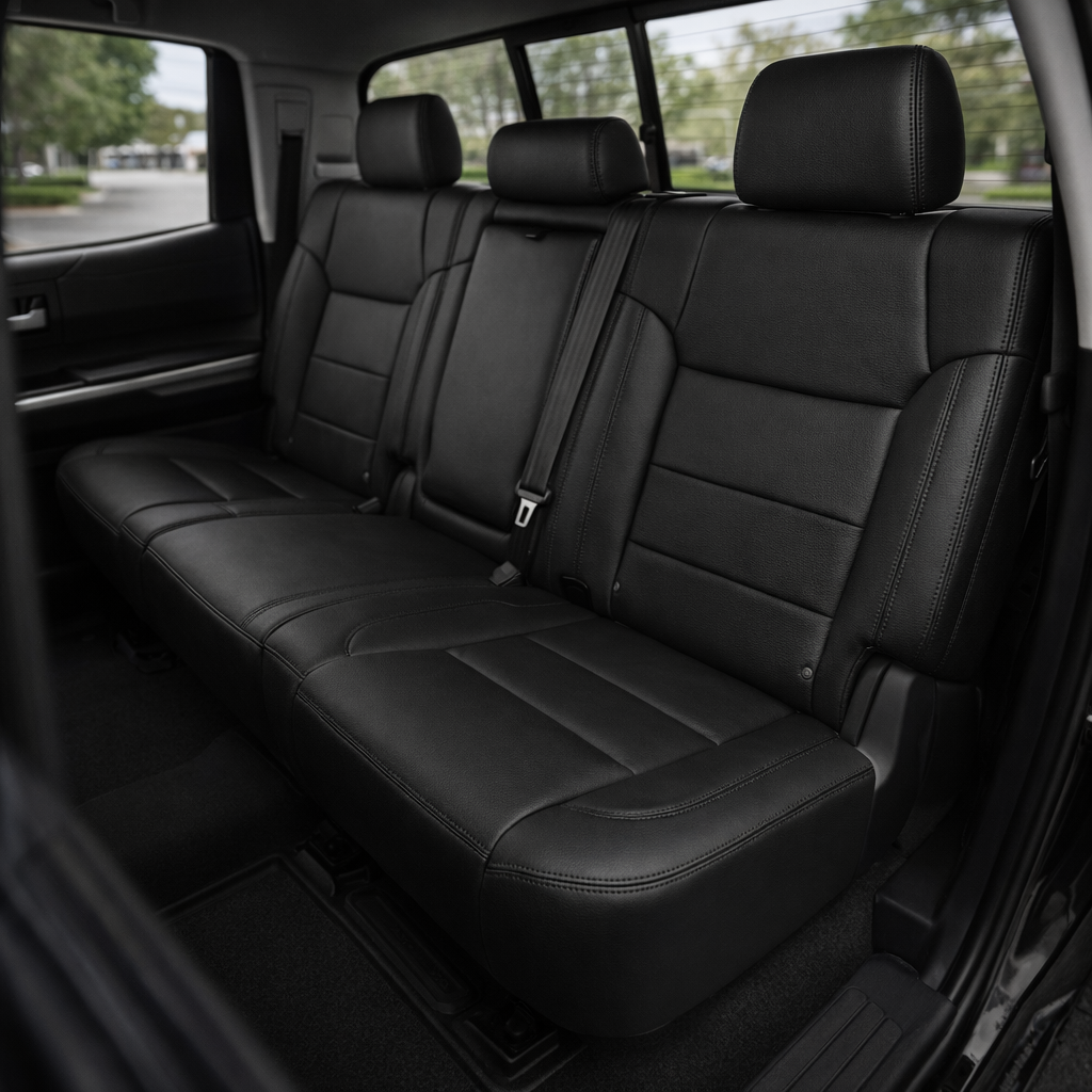 Rear in-cabin view of a 2014–2021 Toyota Tundra CrewMax with an installed Leatherteck leather upholstery kit in black tone-on-tone, featuring black leather rear bench seating, matching black headrests, paneled seat inserts, black outer bolsters, and subtle black stitching, shown through the open rear door with the three-seat rear bench, seatbelts, rear door panel, rear window, and black floor mat visible.