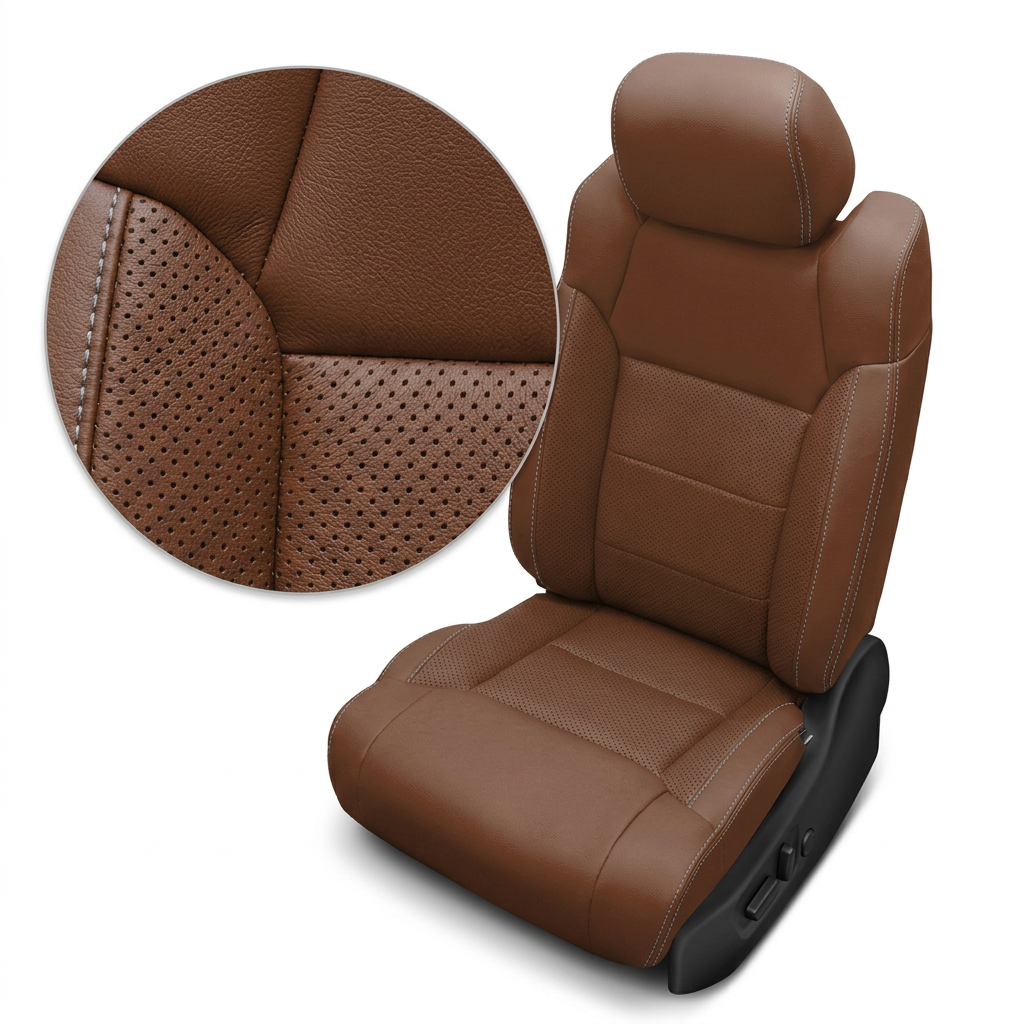 Close-up product image of a 2014–2021 Toyota Tundra CrewMax Leatherteck leather upholstery kit in mahogany brown with silver contrast stitching, featuring perforated center inserts, mahogany brown bolsters, and stitched panel seams, shown on a white background with a circular zoom inset highlighting the perforation pattern, leather grain, and double-stitched silver seam detail.