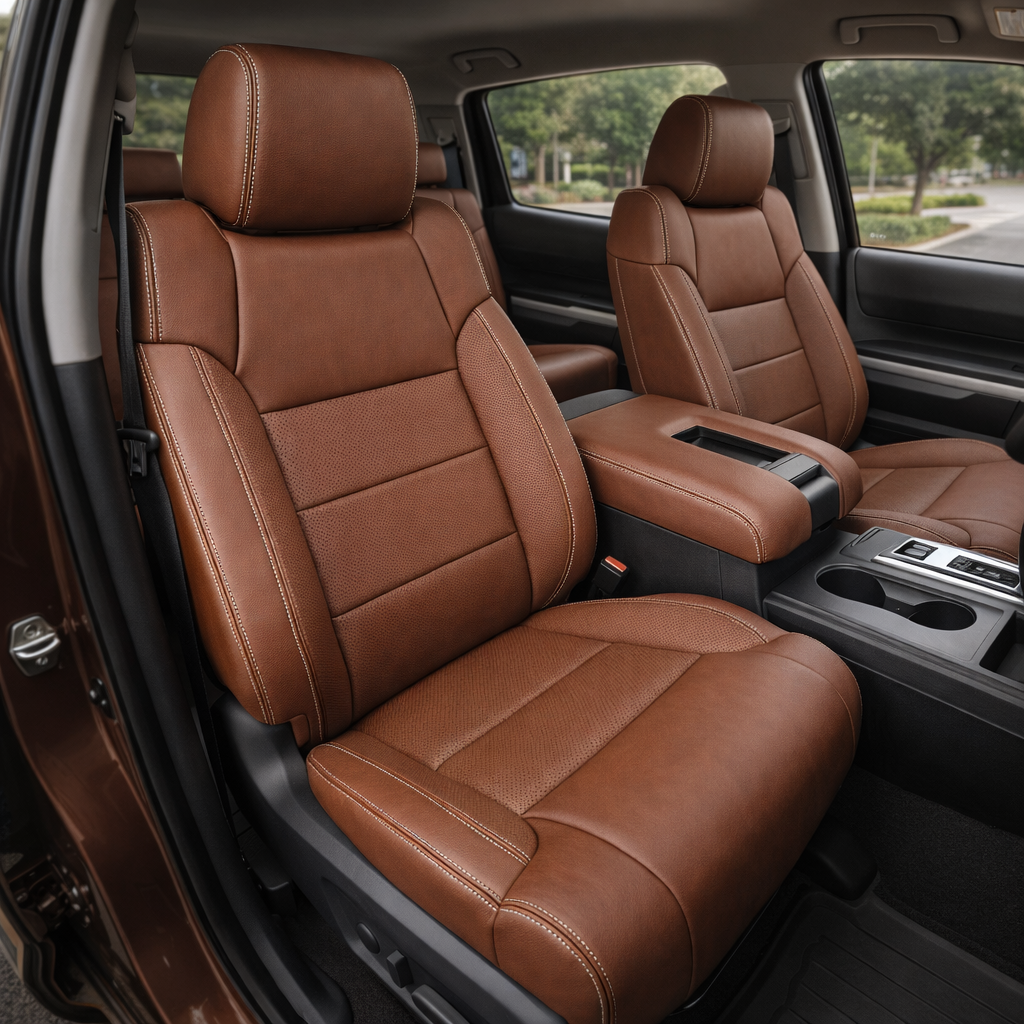 Front in-cabin view of a 2014–2021 Toyota Tundra CrewMax with an installed Leatherteck leather upholstery kit in mahogany brown with silver contrast stitching, featuring perforated center seat inserts, mahogany brown bolsters, and stitched panel seams, shown from the open driver-side door with the front bucket seats, headrests, center console/armrest, cupholders, gear shifter, door panel, and black floor mat visible.