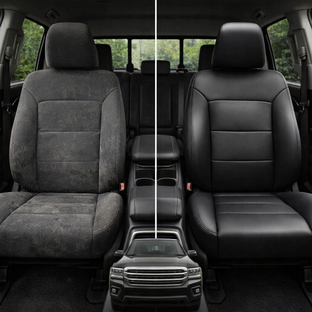 Before-and-after comparison of Chrysler 200 front seats, showing cloth seat upgraded to perforated leather upholstery.
