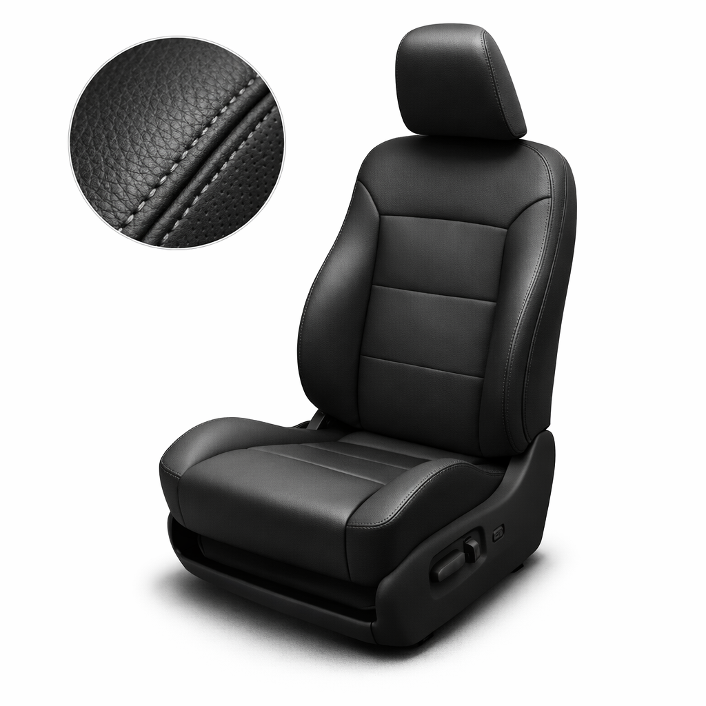 Black car seat with close-up of leather texture on a white background
