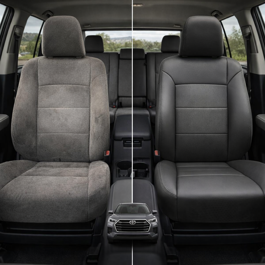 Before-and-after comparison of Chrysler 200 front seats, showing cloth seat upgraded to perforated leather upholstery.
