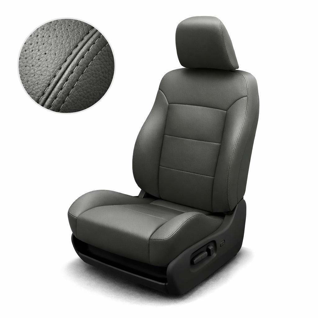 Gray car seat with detailed stitching on a white background