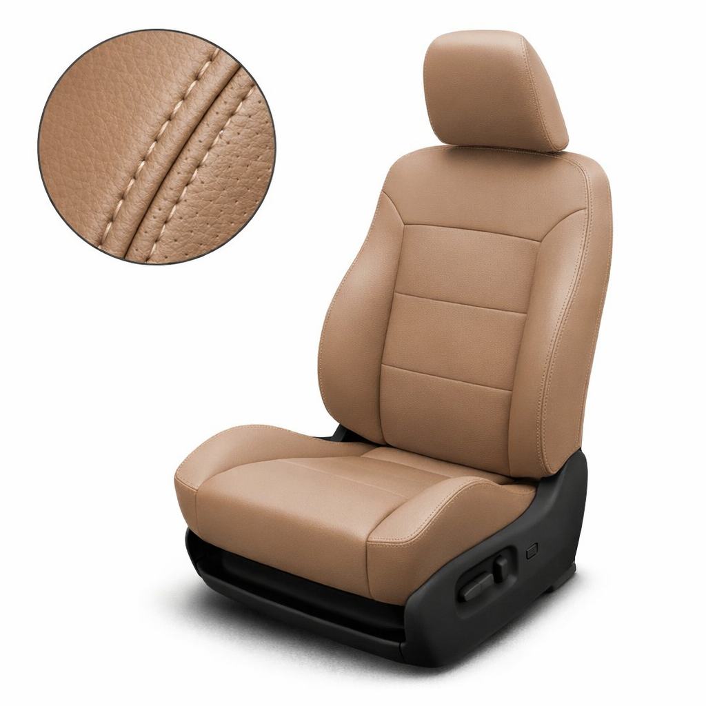 Beige car seat with detailed stitching on a white background