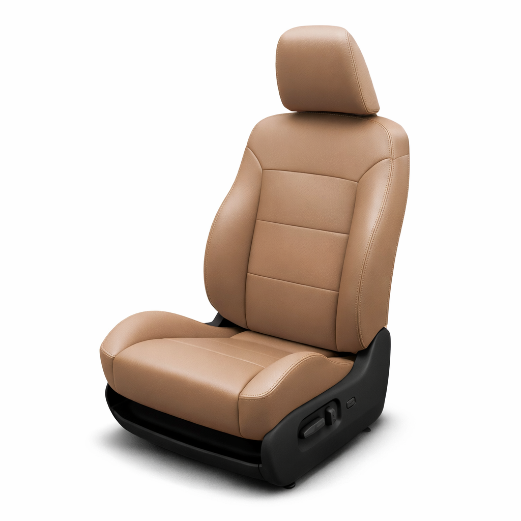 Beige car seat with black base on a white background
