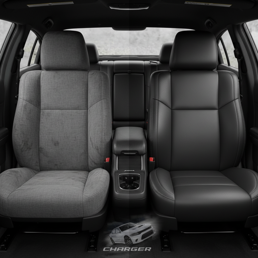 Before-and-after comparison of Dodge Charger front seats, showing cloth seat upgraded to perforated leather upholstery.
