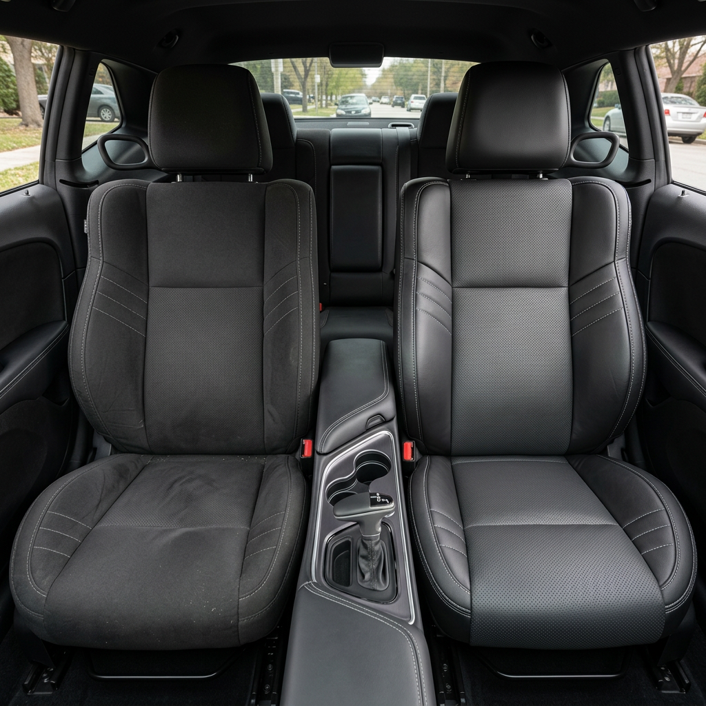 Before-and-after front in-cabin view of a 2015–2023 Dodge Challenger Hellcat split down the middle: left shows the factory black cloth front seat, while right shows the upgraded Leatherteck seat cover with a black main seat color, Dark Slate Grey perforated body inserts, and Silver contrast stitching throughout, with the center console, cupholders, shifter, rear seat, and side windows visible.