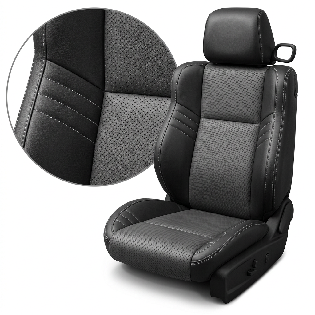 Close-up product image of a 2015–2023 Dodge Challenger Hellcat Leatherteck seat cover on a white background, featuring a black main seat color, Dark Slate Grey perforated body inserts, and Silver contrast stitching throughout; a circular zoom inset highlights the perforation pattern, leather-grain texture, and silver-stitched seam detail along the side bolster.