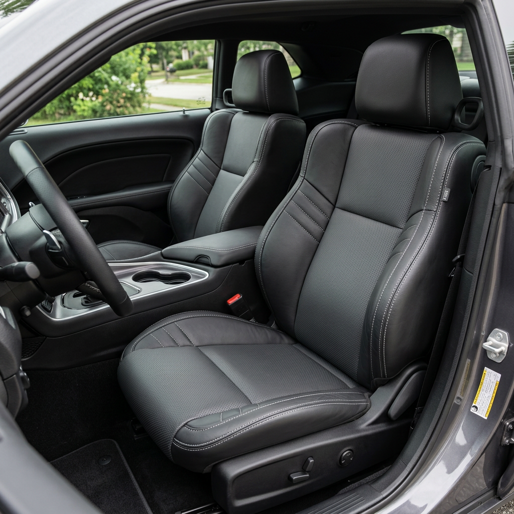 Front in-cabin view of a 2015–2023 Dodge Challenger Hellcat with Leatherteck seat covers installed, featuring a black main seat color, Dark Slate Grey perforated body inserts, and Silver contrast stitching throughout, shown from the open driver-side door with the front bucket seats, headrests, center console, cupholders, steering wheel, and door panel visible.