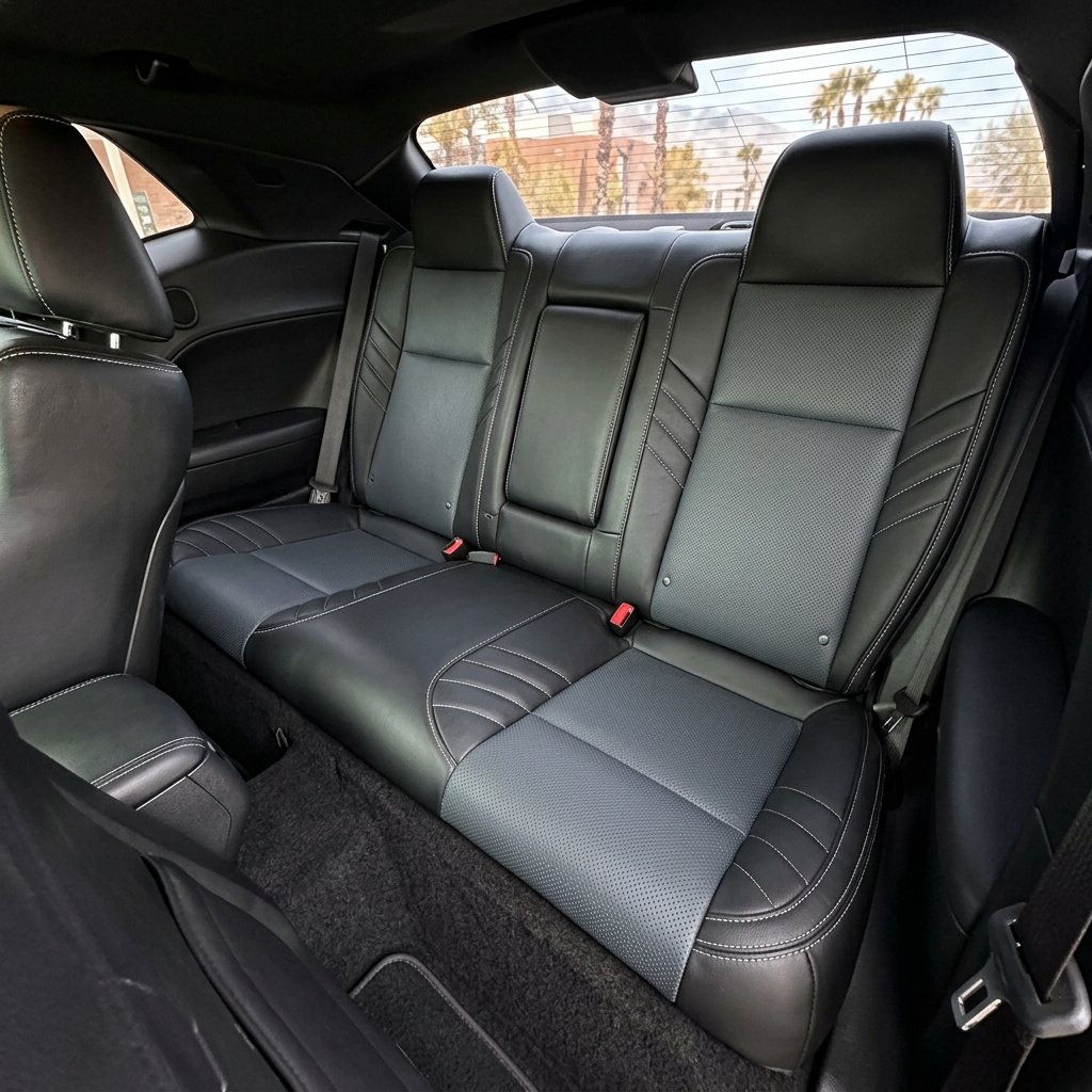 Rear in-cabin view of a 2015–2023 Dodge Challenger Hellcat with Leatherteck rear seat covers installed, featuring a black main seat color, Dark Slate Grey perforated body inserts, and Silver contrast stitching throughout, with the rear bench seat, rear headrests, seatbelts, front seatback, side panels, and rear window visible.