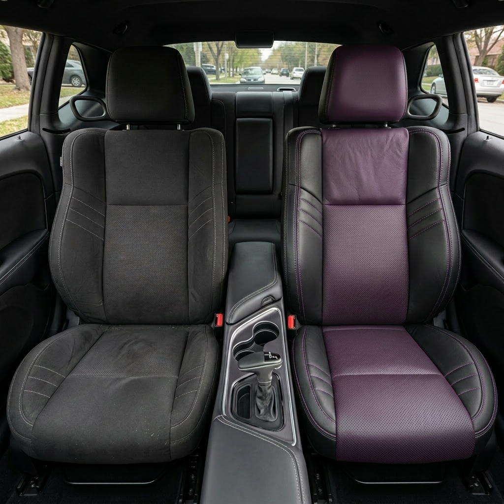 Before-and-after front in-cabin view of a 2015–2023 Dodge Challenger Hellcat: left shows the original dark cloth front seat, while right shows the upgraded Leatherteck seat cover with a black main seat color, purple center inserts, perforated combination inserts, and purple contrast stitching throughout, with the center console, shifter, cupholders, rear seat, door panels, and side windows visible.