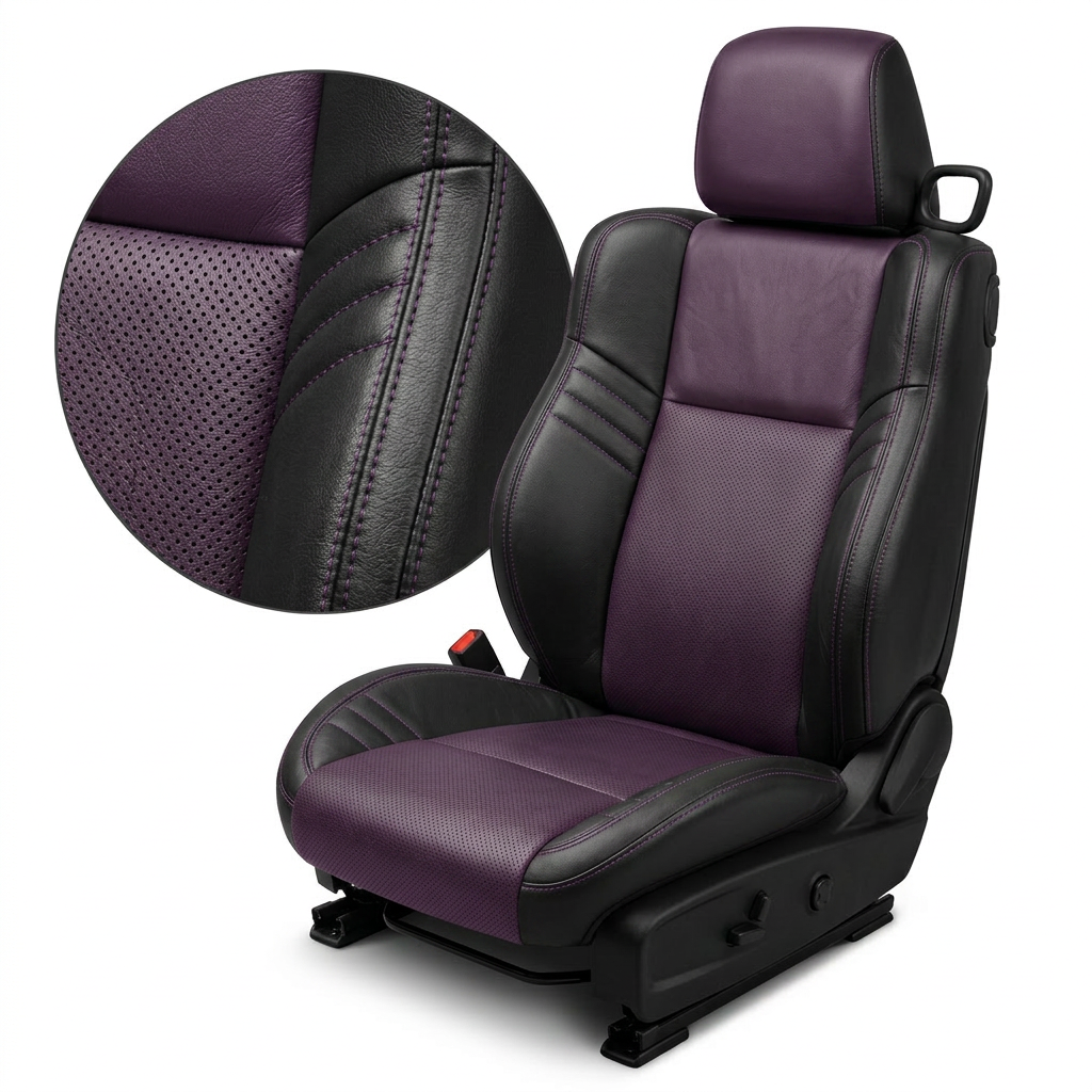 Close-up product image of a 2015–2023 Dodge Challenger Hellcat Leatherteck front seat cover on a white background, featuring a black main seat color, purple center inserts, perforated combination inserts, and purple contrast stitching throughout; a circular zoom inset highlights the perforated purple insert, black leather-grain side bolster, purple stitching, and seam details.