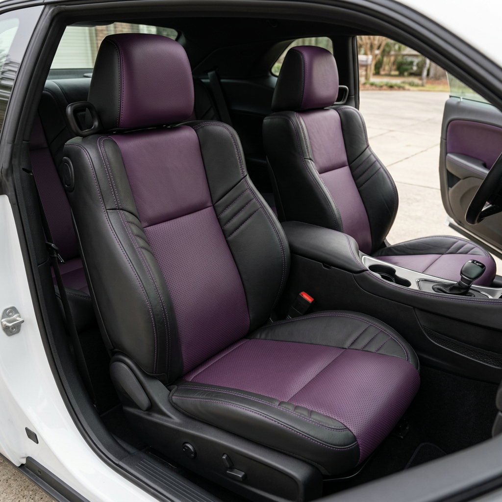 Front in-cabin view of a 2015–2023 Dodge Challenger Hellcat with Leatherteck seat covers installed, featuring a black main seat color, purple center inserts, perforated combination inserts, and purple contrast stitching throughout, shown from the open driver-side door with the front bucket seats, headrests, center console, cupholders, shifter, door panel, and rear seat area visible.