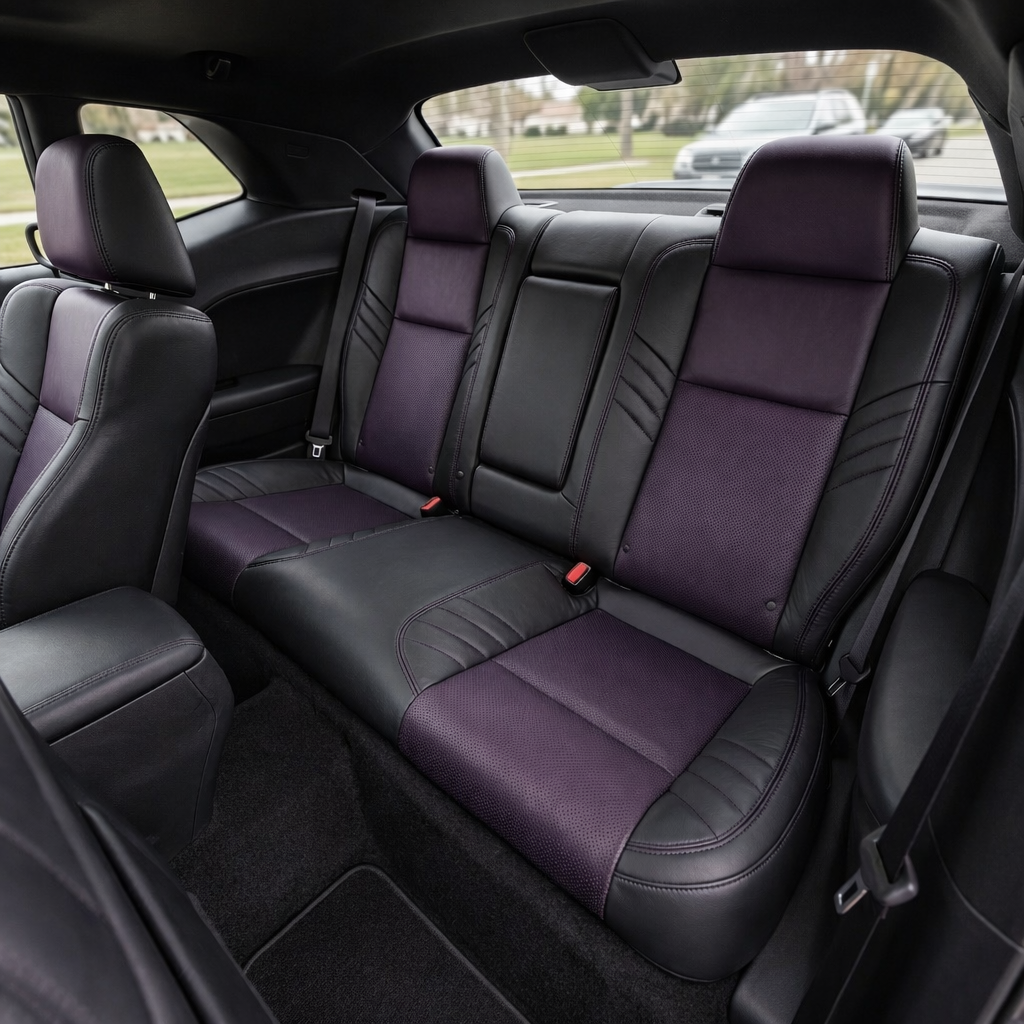 Rear in-cabin view of a 2015–2023 Dodge Challenger Hellcat with Leatherteck seat covers installed, featuring a black main seat color, purple center inserts, perforated combination inserts, and purple contrast stitching throughout, with the rear bench seat, rear headrests, seatbelts, front seatback, rear window, side panels, and black interior trim visible.