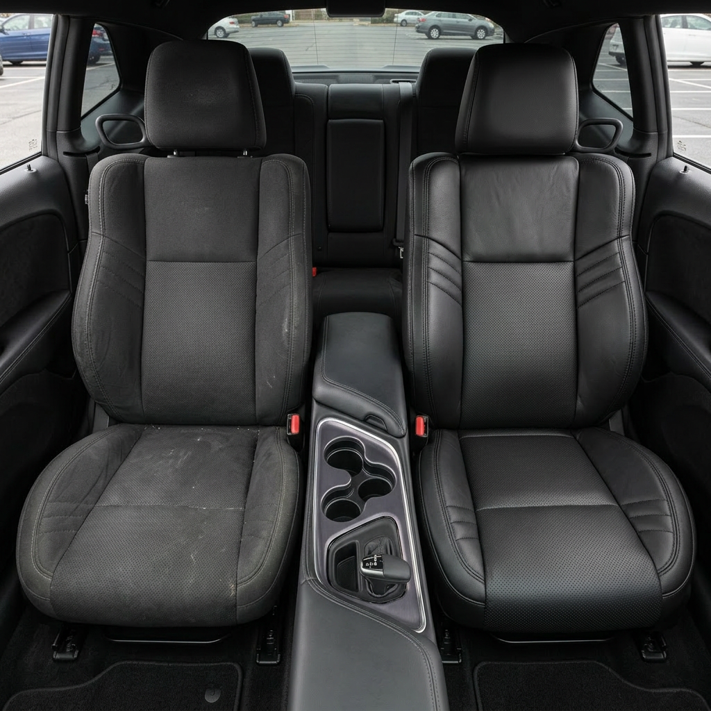 Before-and-after front in-cabin view of a 2015–2023 Dodge Challenger Hellcat split down the middle: left shows the factory black cloth front seat, while right shows the upgraded Leatherteck seat cover in black with perforated combination inserts and black double stitching throughout, with the center console, cupholders, shifter, rear seat, and side windows visible.
