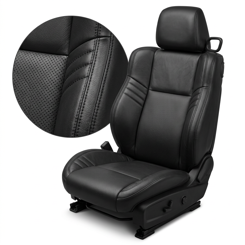 Close-up product image of a 2015–2023 Dodge Challenger Hellcat Leatherteck seat cover on a white background, featuring a black main seat color with perforated combination inserts and black double stitching throughout; a circular zoom inset highlights the perforation pattern, leather-grain texture, and double-stitched seam detail along the side bolster.