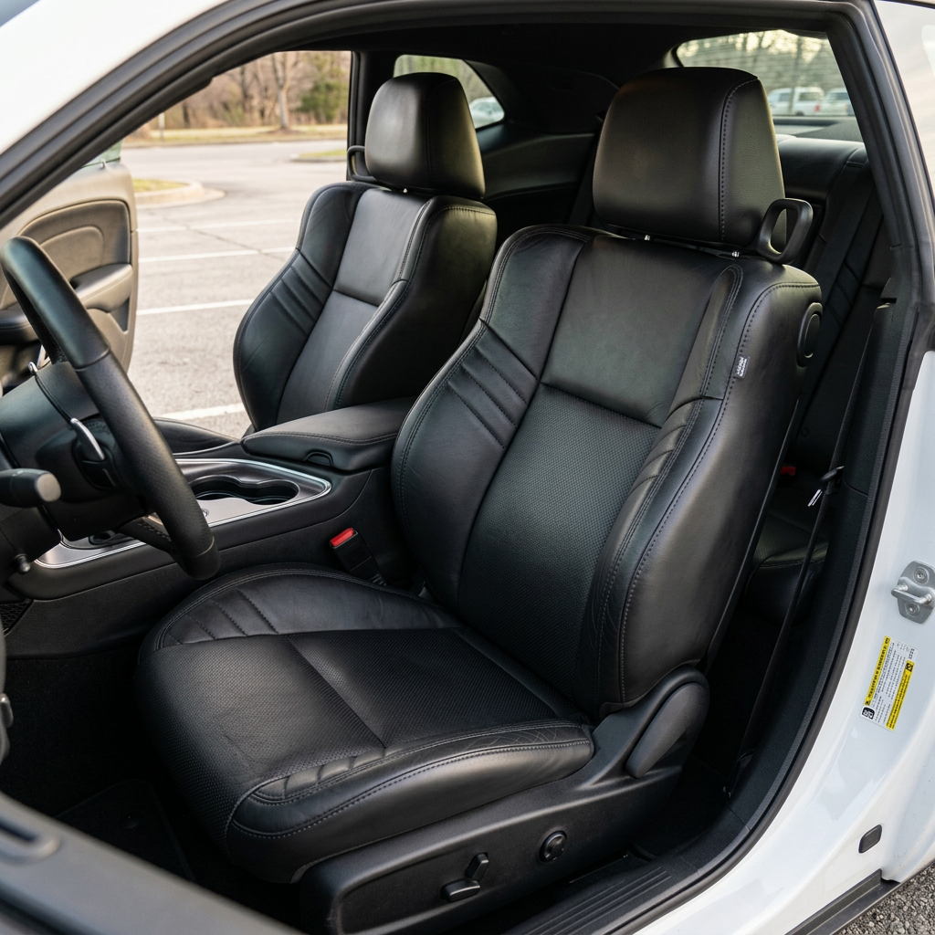 Front in-cabin view of a 2015–2023 Dodge Challenger Hellcat with Leatherteck seat covers installed in black, featuring perforated combination inserts and black double stitching throughout, shown from the open driver-side door with the front bucket seats, headrests, steering wheel, center console, cupholders, door panel, and rear seat visible.