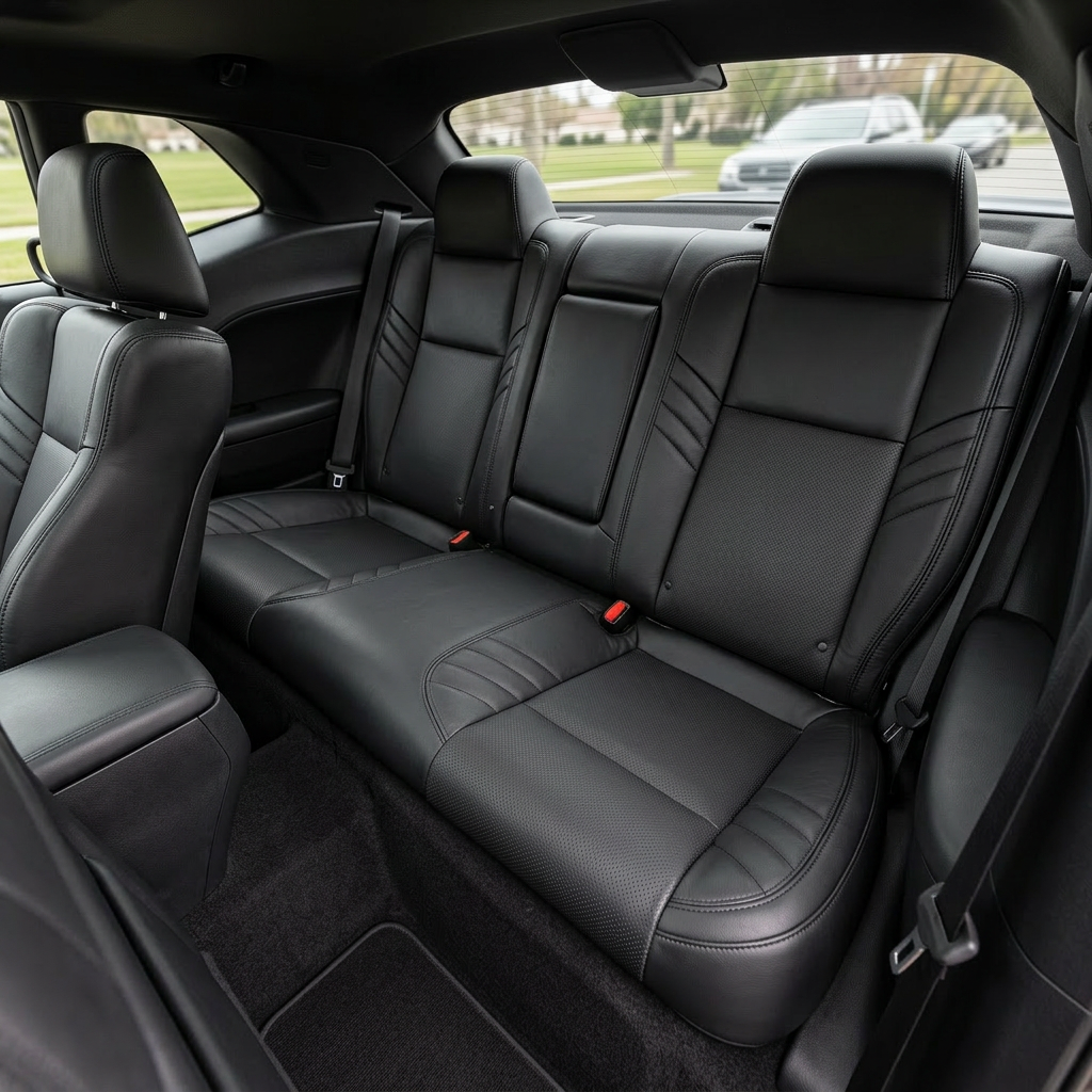 Rear in-cabin view of a 2015–2023 Dodge Challenger Hellcat with Leatherteck rear seat covers installed in black, featuring perforated combination inserts and black double stitching throughout, with the rear bench seat, headrests, seatbelts, rear window, front seatback, and center armrest area visible.