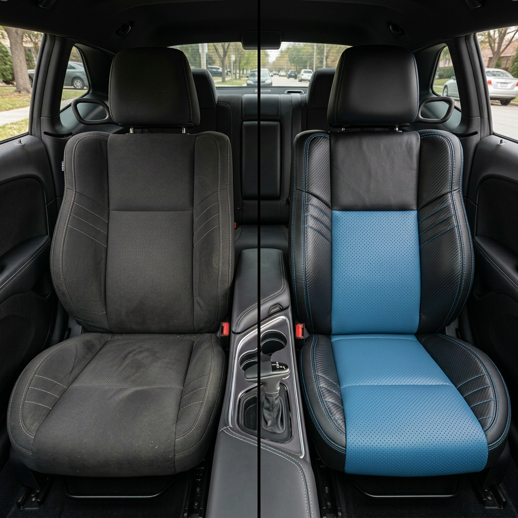 Before-and-after front in-cabin view of a 2015–2023 Dodge Challenger Hellcat: left shows the original black cloth front seat, while right shows the upgraded Leatherteck seat cover in black with Bahama Blue exotic vinyl perforated combination inserts, Carbon Shadow Vinyl accent panels, and Bahama Blue contrast stitching, with the center console, shifter, cupholders, rear seat, side windows, and black interior trim visible.