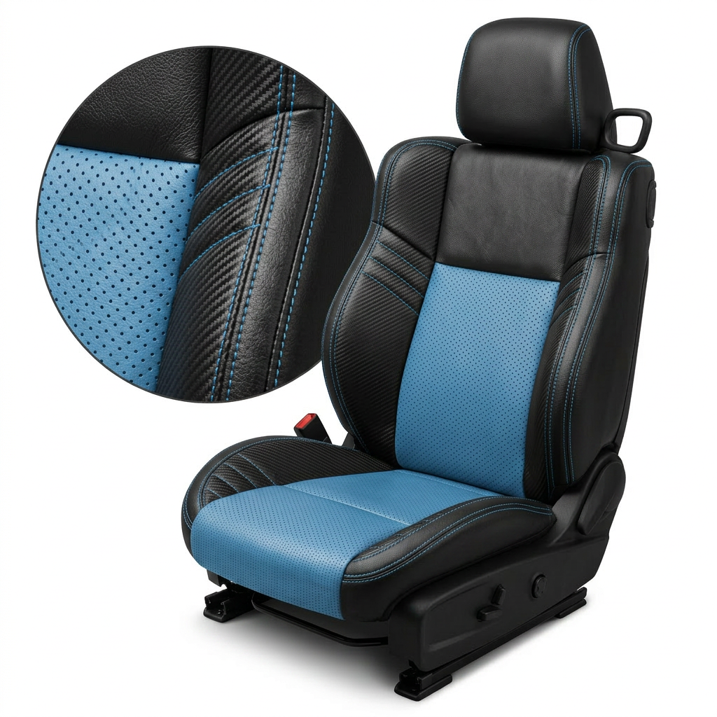 Close-up product image of a 2015–2023 Dodge Challenger Hellcat Leatherteck seat cover on a white background, featuring black upholstery with Bahama Blue exotic vinyl perforated combination inserts, Carbon Shadow Vinyl accent panels, and Bahama Blue contrast stitching; a circular zoom inset highlights the perforation pattern, carbon-texture accent panel, leather-grain texture, and blue-stitched seam detail.