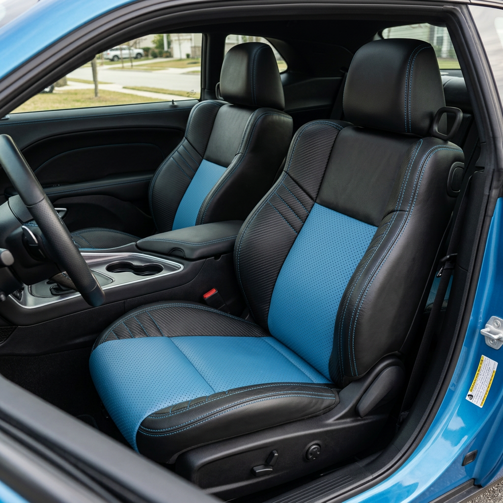 Front in-cabin view of a 2015–2023 Dodge Challenger Hellcat with Leatherteck seat covers installed in black, featuring Bahama Blue exotic vinyl perforated combination inserts, Carbon Shadow Vinyl accent panels, and Bahama Blue contrast stitching, shown from the open driver-side door with the front bucket seats, headrests, steering wheel, center console, cupholders, door panel, rear seat area, and black interior trim visible.