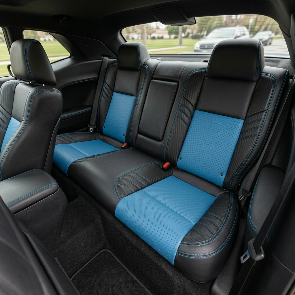 Rear in-cabin view of a 2015–2023 Dodge Challenger Hellcat with Leatherteck seat covers installed in black, featuring Bahama Blue exotic vinyl perforated combination inserts, Carbon Shadow Vinyl accent panels, and Bahama Blue contrast stitching, with the rear bench seat, rear headrests, seatbelts, front seatback, rear window, side panels, and black interior trim visible.