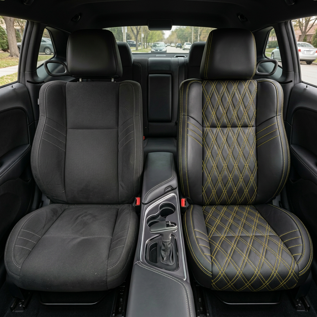 Before-and-after front in-cabin view of a 2015–2023 Dodge Challenger Hellcat: left shows the original black cloth front seat, while right shows the upgraded Leatherteck seat cover in black with black body inserts, featuring a Hyper Yellow double-diamond stitch pattern and Hyper Yellow contrast stitching, with the center console, shifter, cupholders, rear seat, side windows, and black interior trim visible.