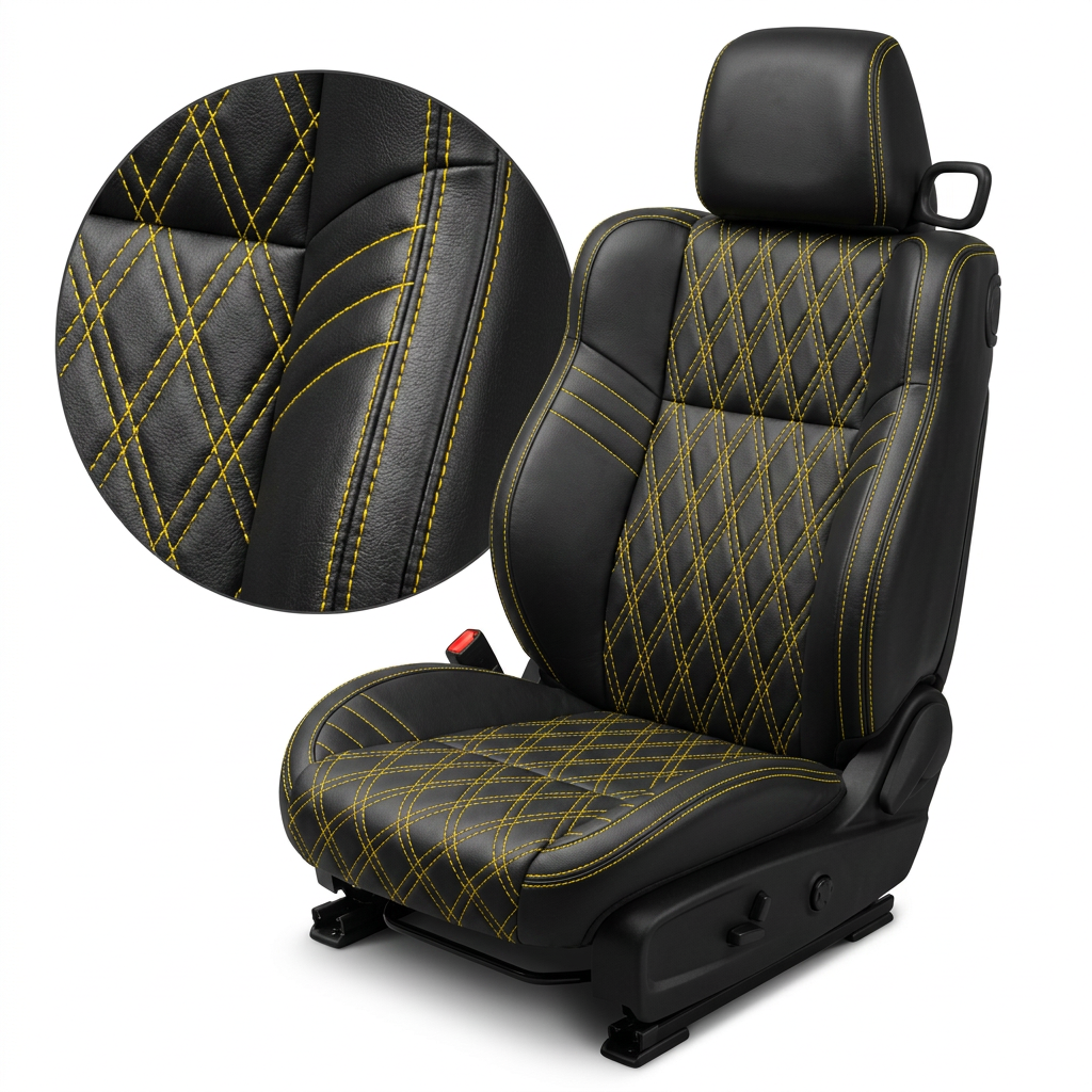 Close-up product image of a 2015–2023 Dodge Challenger Hellcat Leatherteck seat cover on a white background, featuring black upholstery with black body inserts, a Hyper Yellow double-diamond stitch pattern, and Hyper Yellow contrast stitching; a circular zoom inset highlights the diamond stitching, leather-grain texture, and double-stitched seam detail.