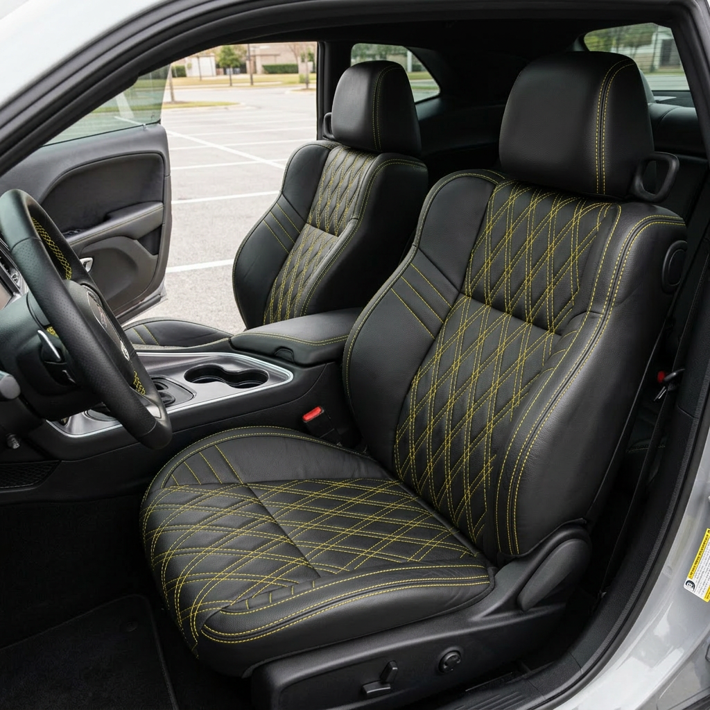 Front in-cabin view of a 2015–2023 Dodge Challenger Hellcat with Leatherteck seat covers installed in black with black body inserts, featuring a Hyper Yellow double-diamond stitch pattern and Hyper Yellow contrast stitching, shown from the open driver-side door with the front bucket seats, headrests, center console, cupholders, steering wheel, door panel, and black interior trim visible.