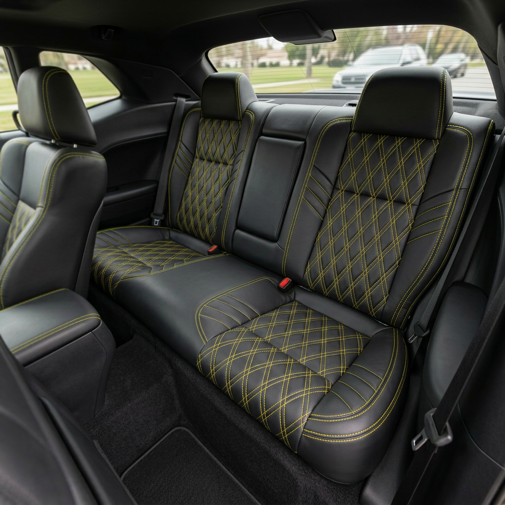 Rear in-cabin view of a 2015–2023 Dodge Challenger Hellcat with Leatherteck rear seat covers installed in black with black body inserts, featuring a Hyper Yellow double-diamond stitch pattern and Hyper Yellow contrast stitching, with the rear bench seat, rear headrests, seatbelts, front seatback, rear window, side panels, and black interior trim visible.
