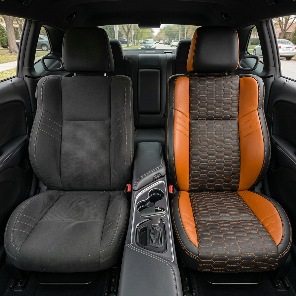Before-and-after front in-cabin view of a 2015–2023 Dodge Challenger Hellcat: left shows the original black cloth front seat, while right shows the upgraded Leatherteck seat cover in black with Mango Orange accent panels, a Citrus Orange double-hex stitch pattern on the body inserts, and Citrus Orange contrast stitching, with the center console, shifter, cupholders, rear seat, side windows, and black interior trim visible.